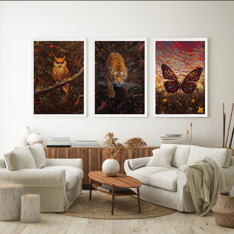 LuxuryStroke's Owl And Tiger Painting, Minimalistic Lion Paintingand Paintings Of Animals - Wildlife Art - Own, Tiger & Butterfly - Set Of 3 Paintings