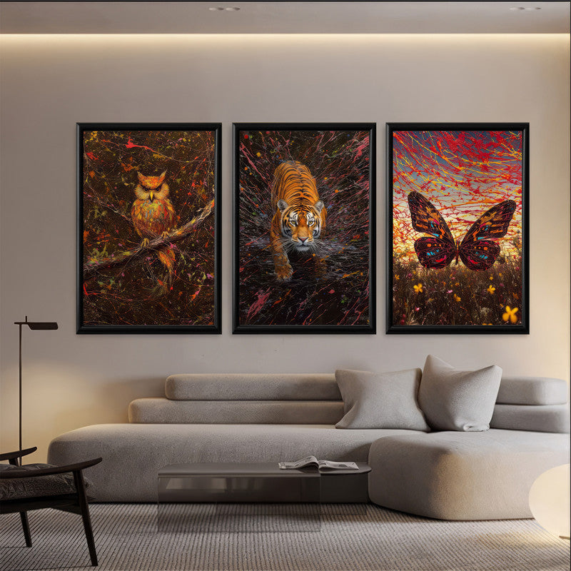 LuxuryStroke's Owl And Tiger Painting, Minimalistic Lion Paintingand Paintings Of Animals - Wildlife Art - Own, Tiger & Butterfly - Set Of 3 Paintings