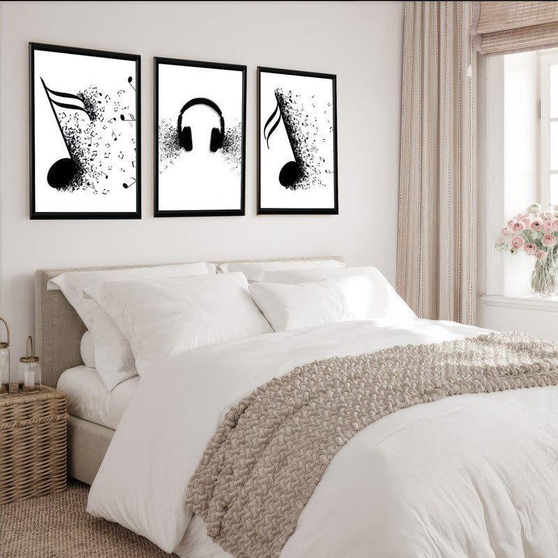 LuxuryStroke's Music Minimalist Black And White Art, Black And White Modern Artand Abstract Black And White Wall Painting - Motivation Art - Set Of 3 Monochrome Paintings For Musicians And Music Lovers