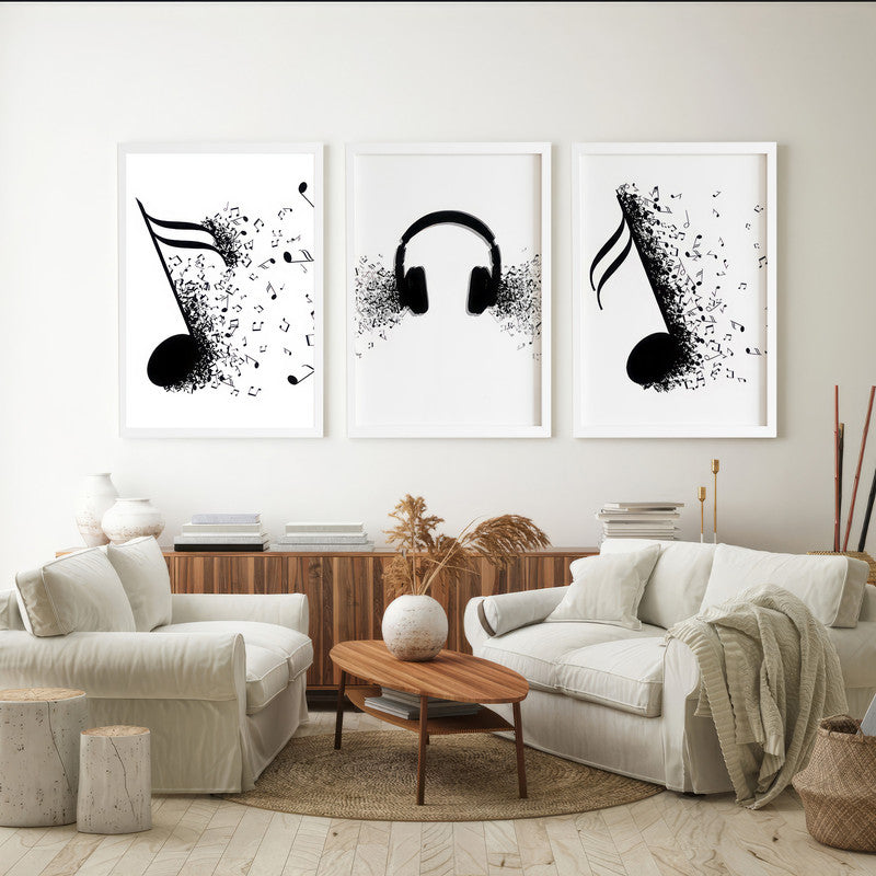 LuxuryStroke's Music Minimalist Black And White Art, Black And White Modern Artand Abstract Black And White Wall Painting - Motivation Art - Set Of 3 Monochrome Paintings For Musicians And Music Lovers