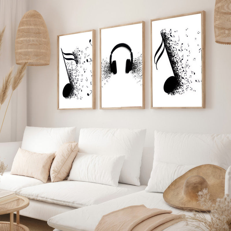 LuxuryStroke's Music Minimalist Black And White Art, Black And White Modern Artand Abstract Black And White Wall Painting - Motivation Art - Set Of 3 Monochrome Paintings For Musicians And Music Lovers