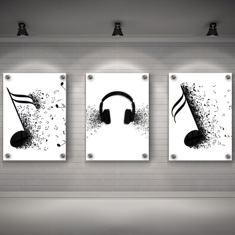 LuxuryStroke's Music Minimalist Black And White Art, Black And White Modern Artand Abstract Black And White Wall Painting - Motivation Art - Set Of 3 Monochrome Paintings For Musicians And Music Lovers