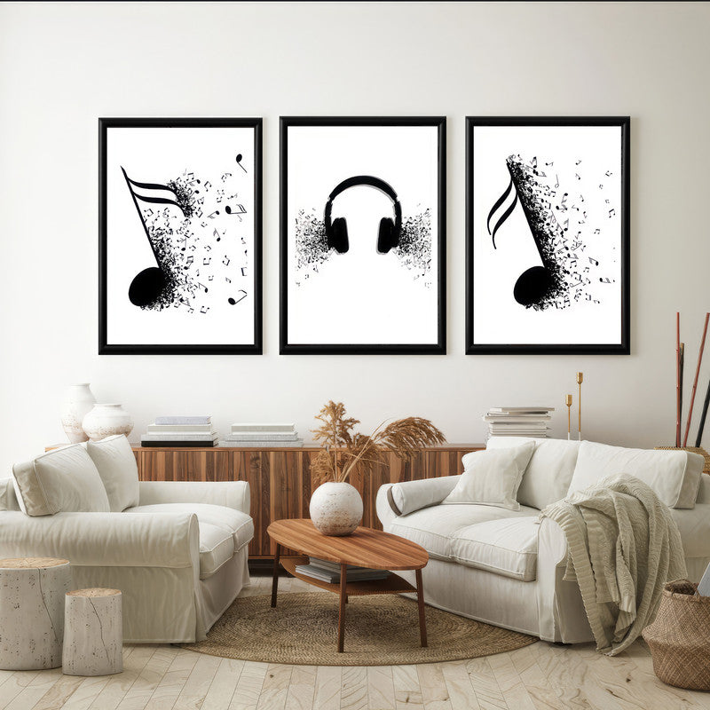 LuxuryStroke's Music Minimalist Black And White Art, Black And White Modern Artand Abstract Black And White Wall Painting - Motivation Art - Set Of 3 Monochrome Paintings For Musicians And Music Lovers