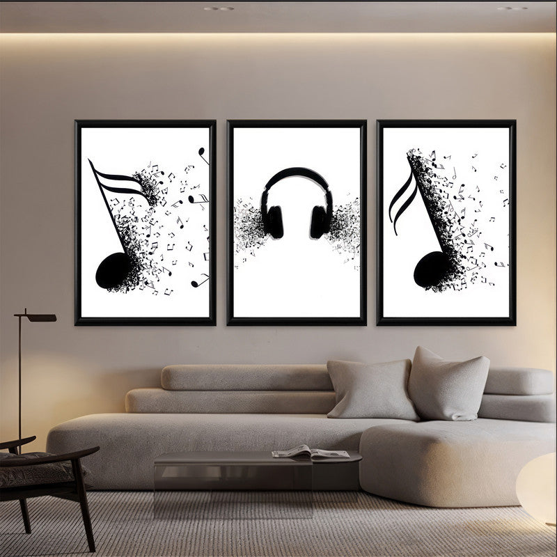 LuxuryStroke's Music Minimalist Black And White Art, Black And White Modern Artand Abstract Black And White Wall Painting - Motivation Art - Set Of 3 Monochrome Paintings For Musicians And Music Lovers