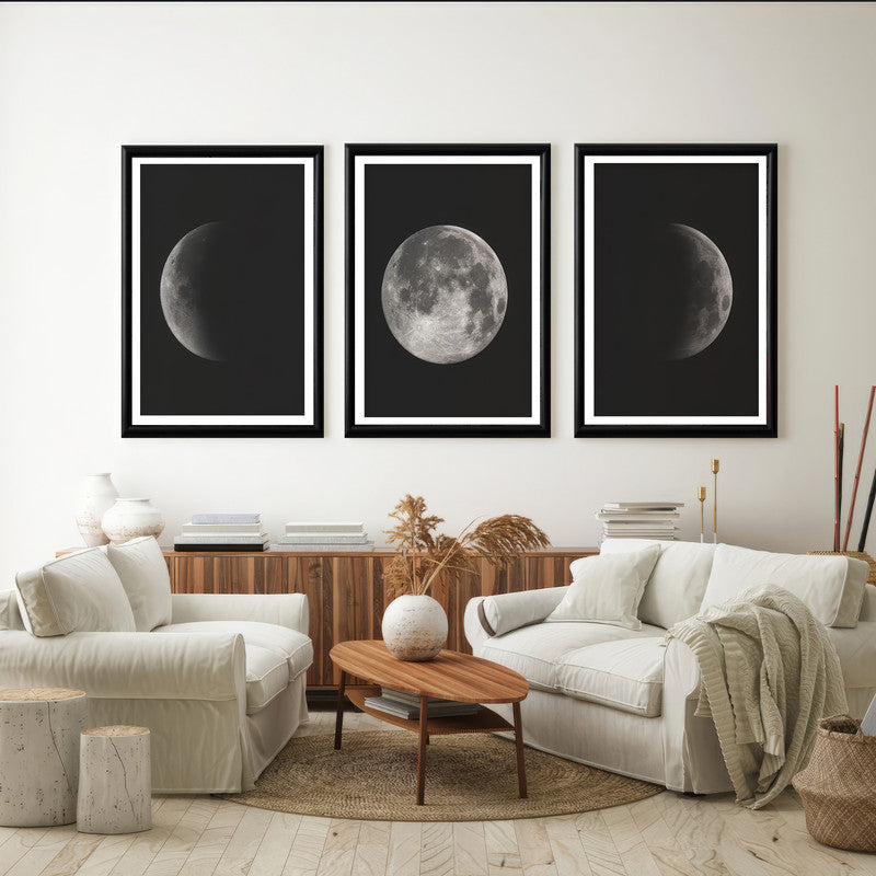 LuxuryStroke's Abstract Black And White Wall Painting, Minimalist Black And White Artand Moon Art Black And White Painting - Monochrome Art - Set Of 3  Moon Paintings - Lunar Phases