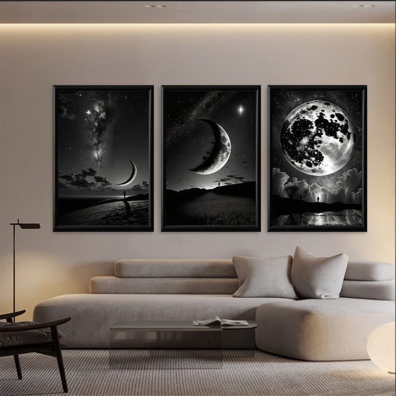 LuxuryStroke's Abstract Black And White Wall Painting, Minimalist Black And White Artand Moon Art Black And White Painting - Monochrome Art - Set Of 3  Moon Paintings - Lunar Phases