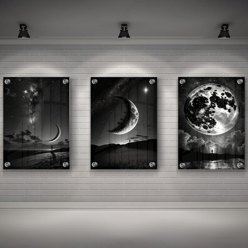 LuxuryStroke's Abstract Black And White Wall Painting, Minimalist Black And White Artand Moon Art Black And White Painting - Monochrome Art - Set Of 3  Moon Paintings - Lunar Phases