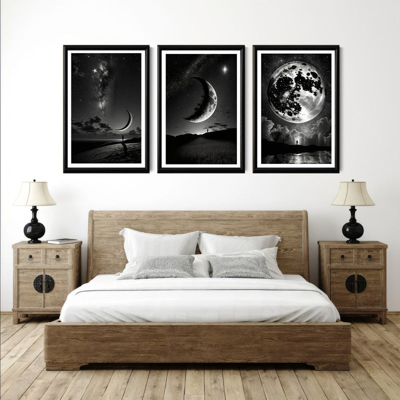 LuxuryStroke's Abstract Black And White Wall Painting, Minimalist Black And White Artand Moon Art Black And White Painting - Monochrome Art - Set Of 3  Moon Paintings - Lunar Phases