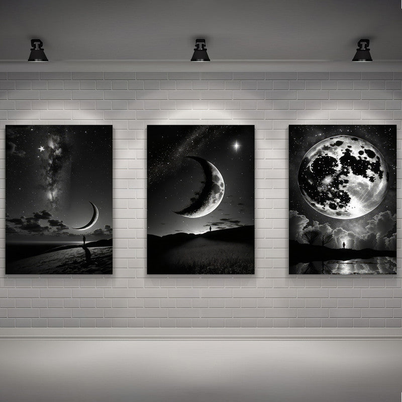 LuxuryStroke's Abstract Black And White Wall Painting, Minimalist Black And White Artand Moon Art Black And White Painting - Monochrome Art - Set Of 3  Moon Paintings - Lunar Phases