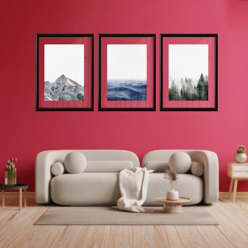 LuxuryStroke's Mountain Landscape Artwork, Nature Painting Landscapeand Acrylic Landscape Painting - Landscape Art - Mountain, River & Forest- Set Of 3 Art Pieces